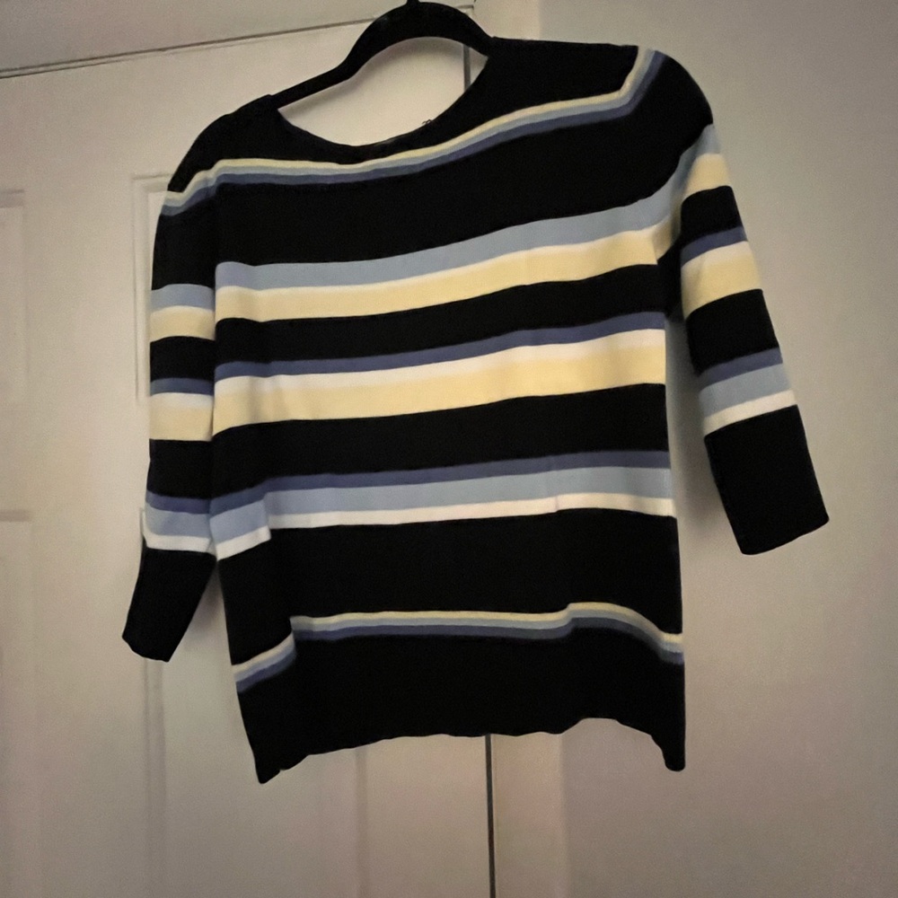 Chic Striped Women's Sweater in Black, Blue, and Cream
